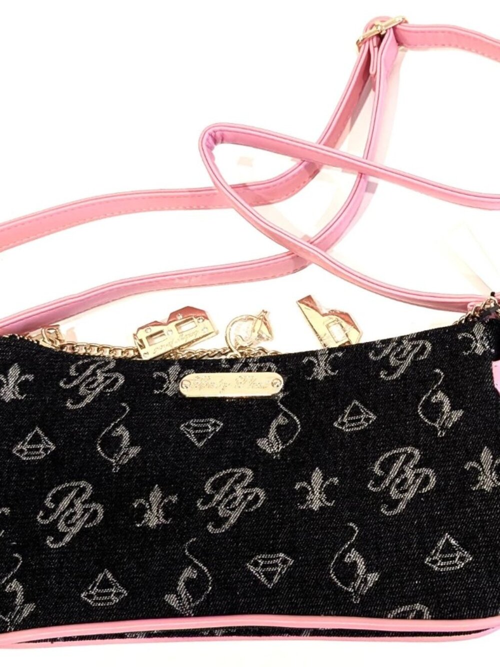 Baby Phat Black Monogram Denim Crossbody Bag Pink Trim Gold Charms Purse NWT